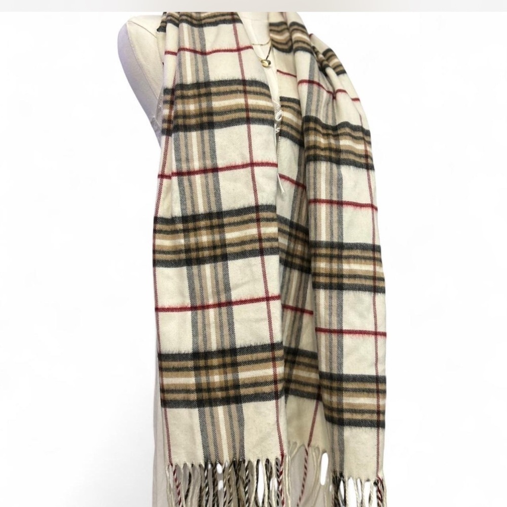 IV. Fraas Cashmink Wide Check Plaid Fringe Unisex Scarf Cream Black Burgundy